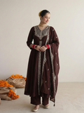Coffee Silk Embroidered Anarkali Kurta With Dupatta Set for Women
