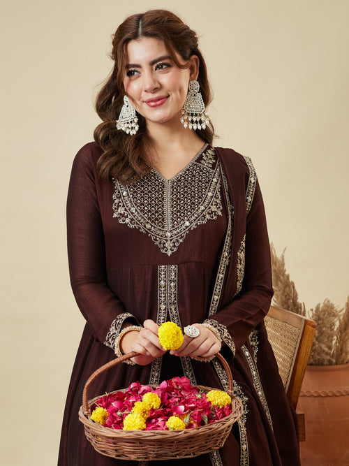 Coffee Silk Embroidered Anarkali Kurta With Dupatta Set for Women