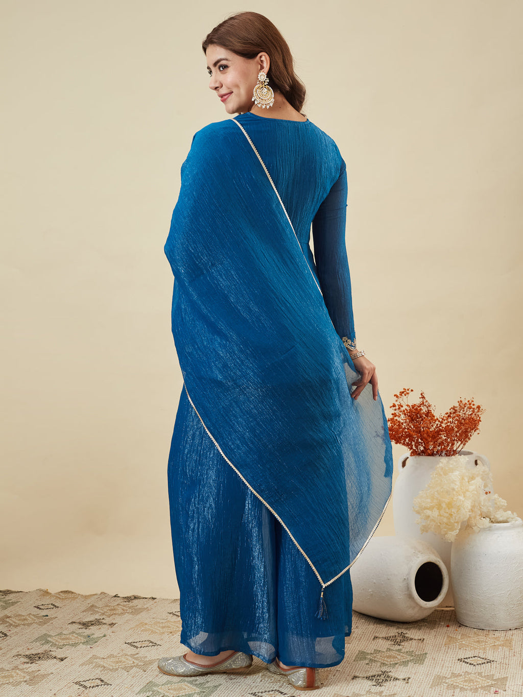 Royal Blue Silk Embroidered Top Sharara Set with Dupatta