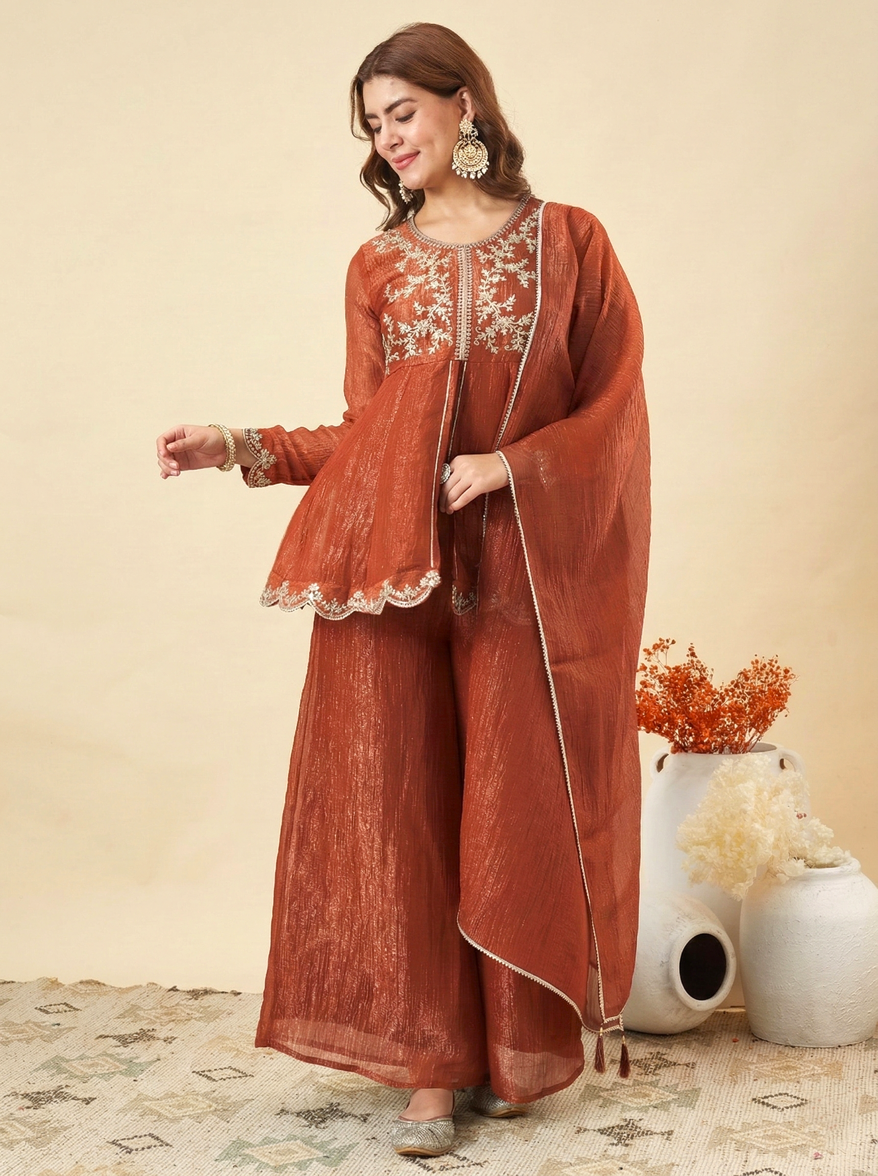 Rust Silk  Embroidered Peplum Kurta Set with Palazzo & Dupatta