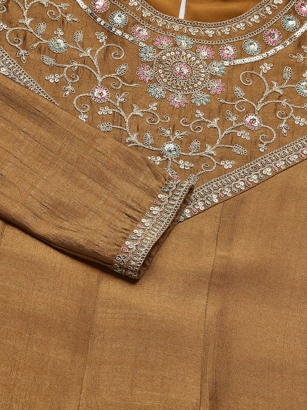 Golden Embroidered Silk Anarkali Kurta With Dupatta Set