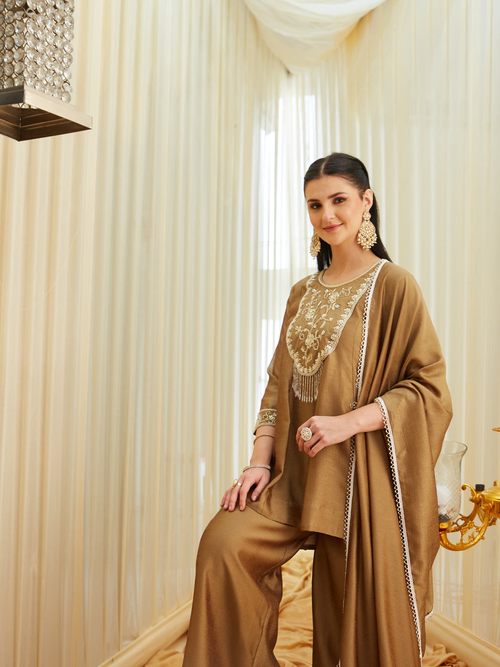 Gold Silk Embroidered Top Sharara Set with Dupatta