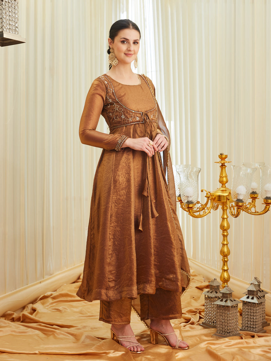 Brown Silk Embroidered Anarkali Kurta Set with Dupatta for Women