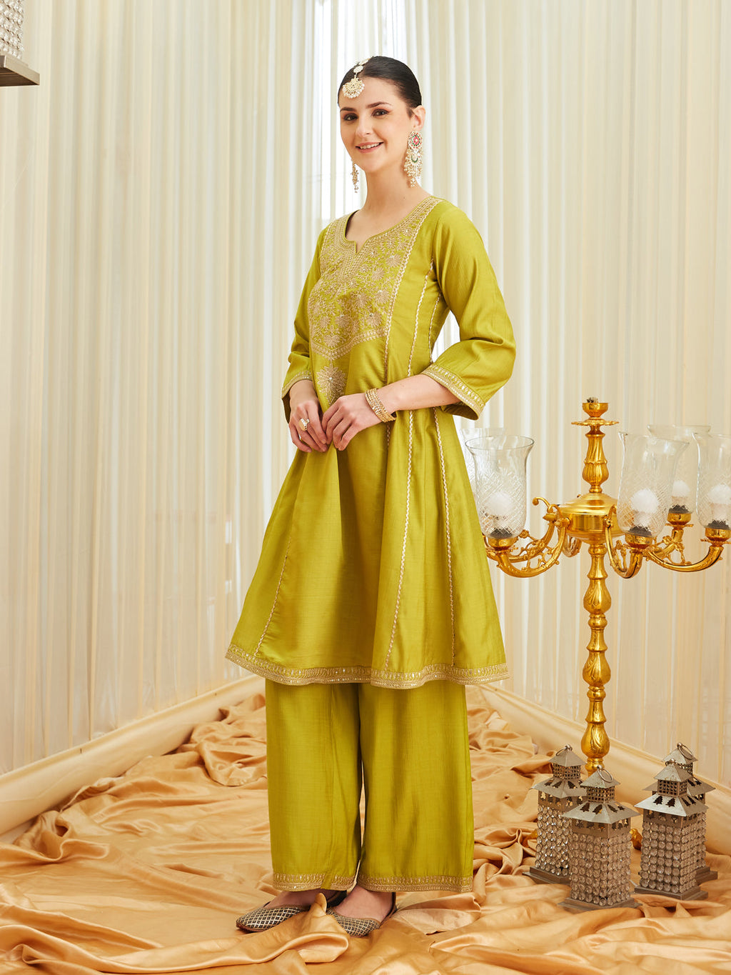 Neon Silk Embroidered Anarkali Kurta Set with Dupatta