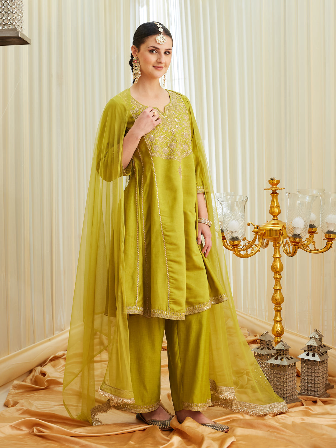 Neon Silk Embroidered Anarkali Kurta Set with Dupatta