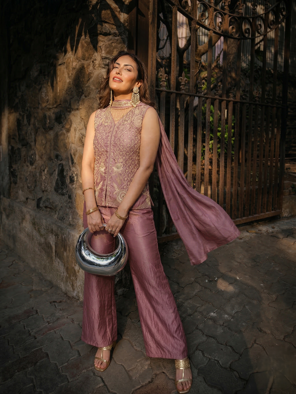 Lavender Silk Embroidered Short Kurta & Flared Pants with Dupatta set