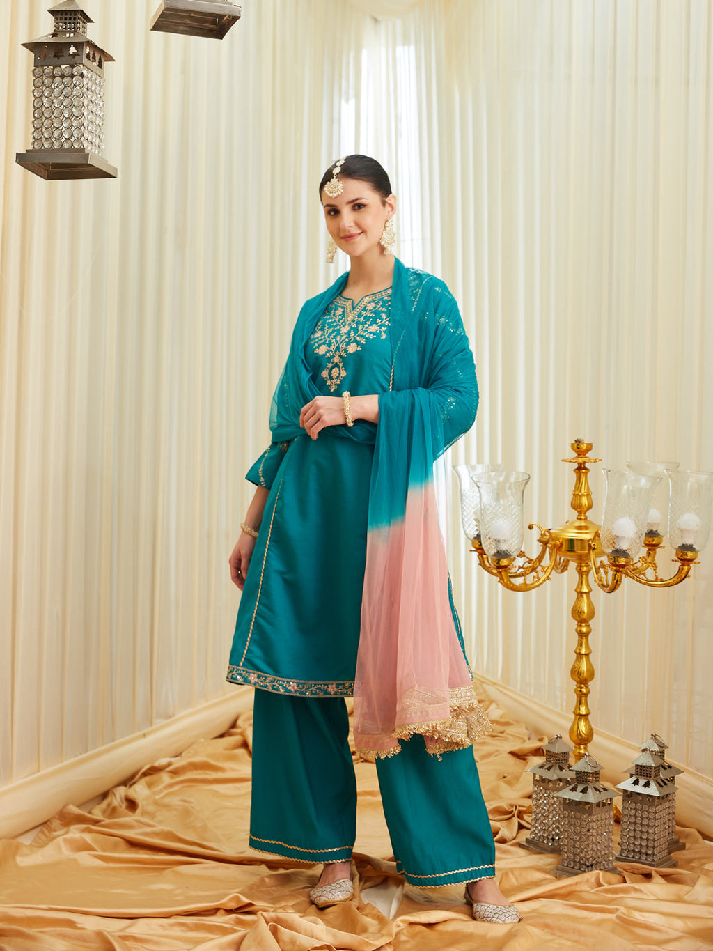 Rama Silk Embroidered Anarkali Kurta Set with Dupatta for Women