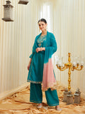 Rama Silk Embroidered Anarkali Kurta Set with Dupatta for Women