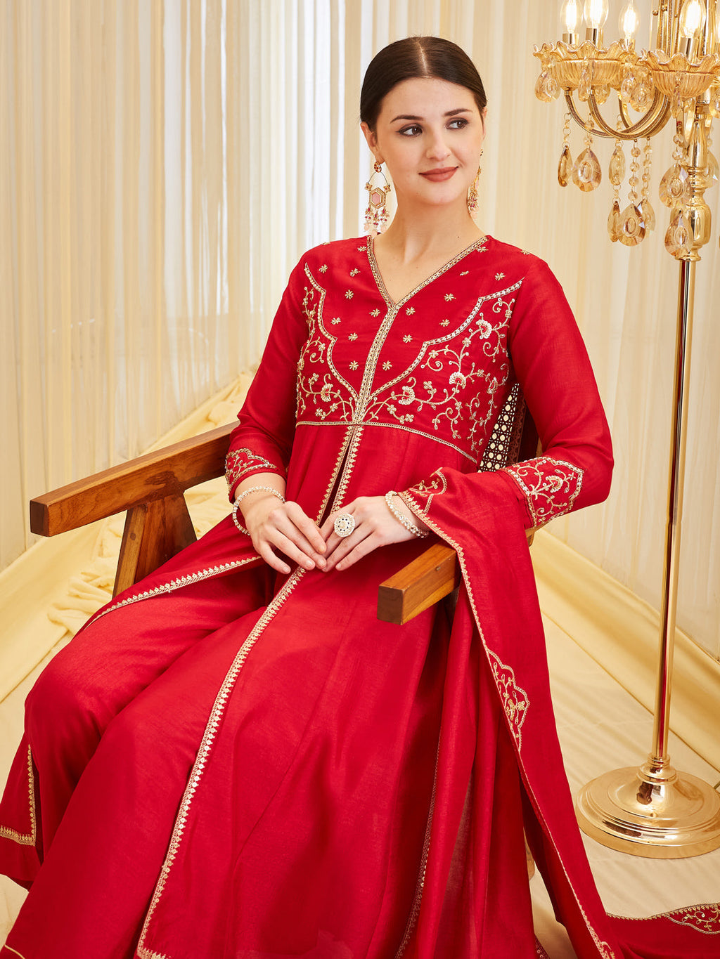 Red Silk Embroidered Anarkali Kurta Set with Dupatta for Women