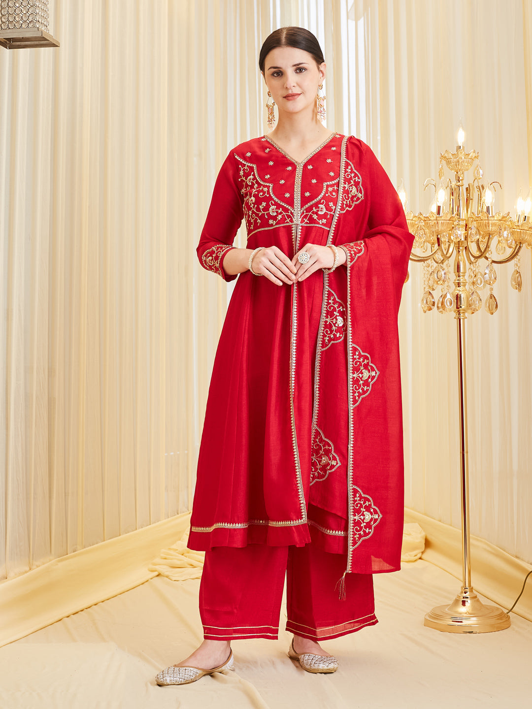 Red Silk Embroidered Anarkali Kurta Set with Dupatta for Women