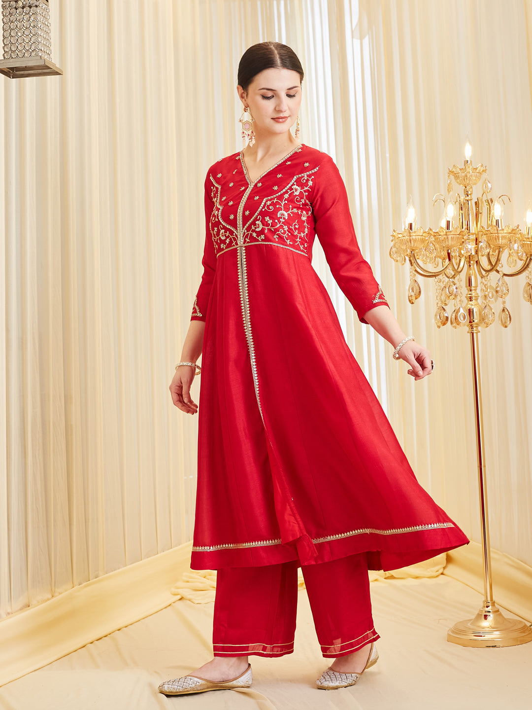 Red Silk Embroidered Anarkali Kurta Set with Dupatta for Women