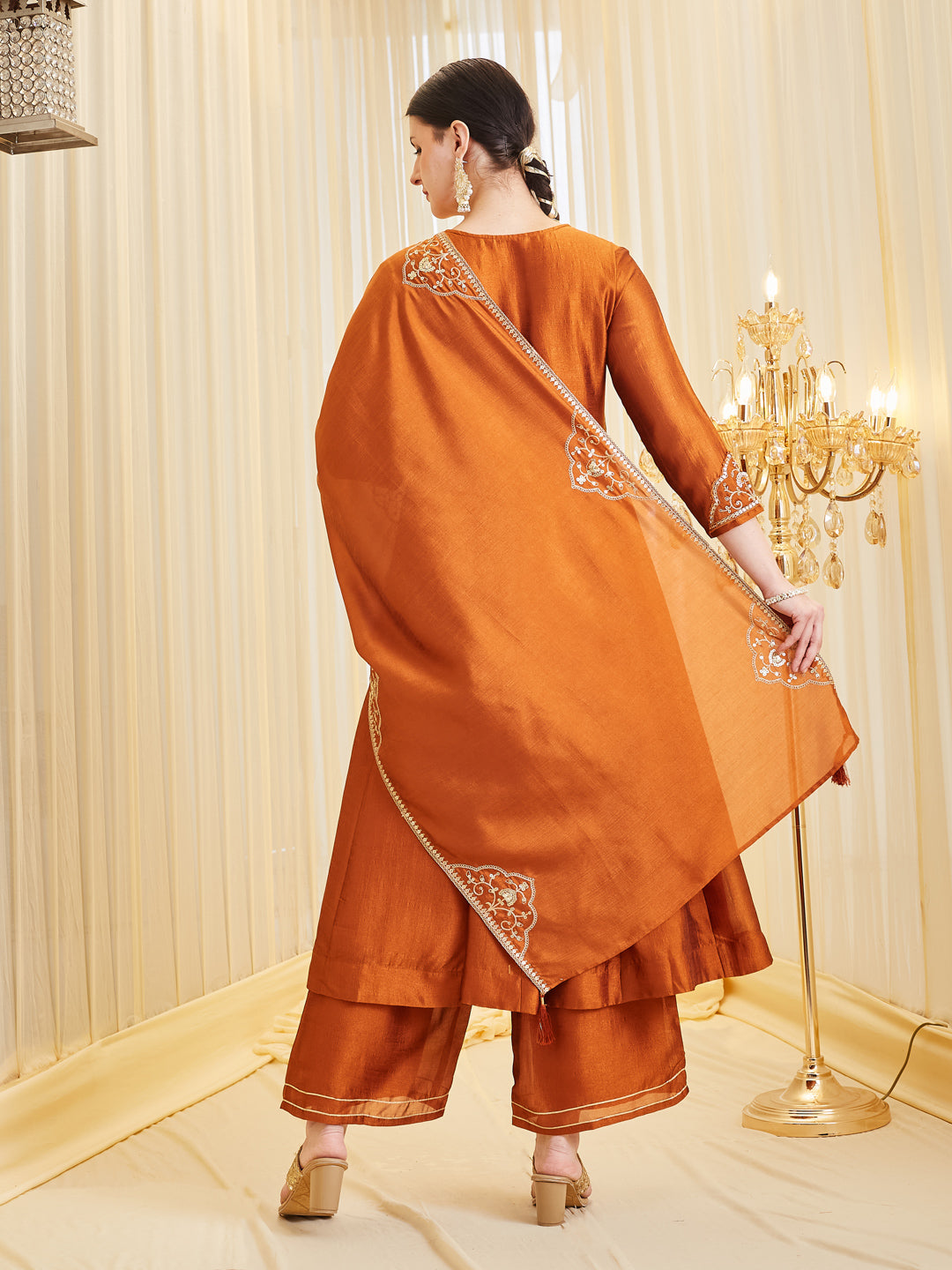 Women’s Rust Embroidered Silk Anarkali Suit with Dupatta