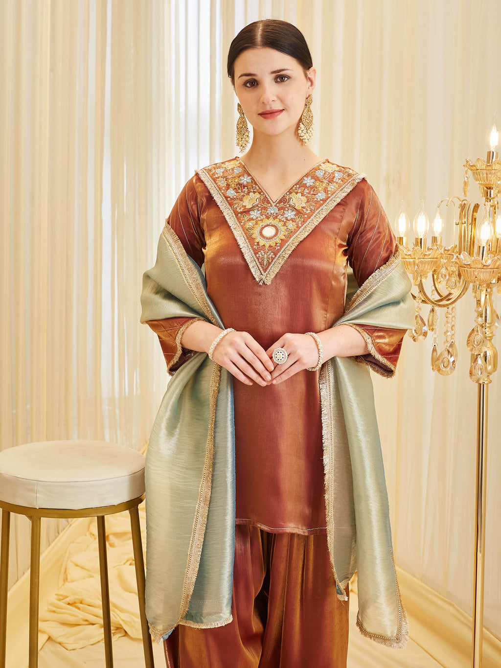Trendy Maroon Silk Embroidered Farshi Set With Dupatta Set For Women
