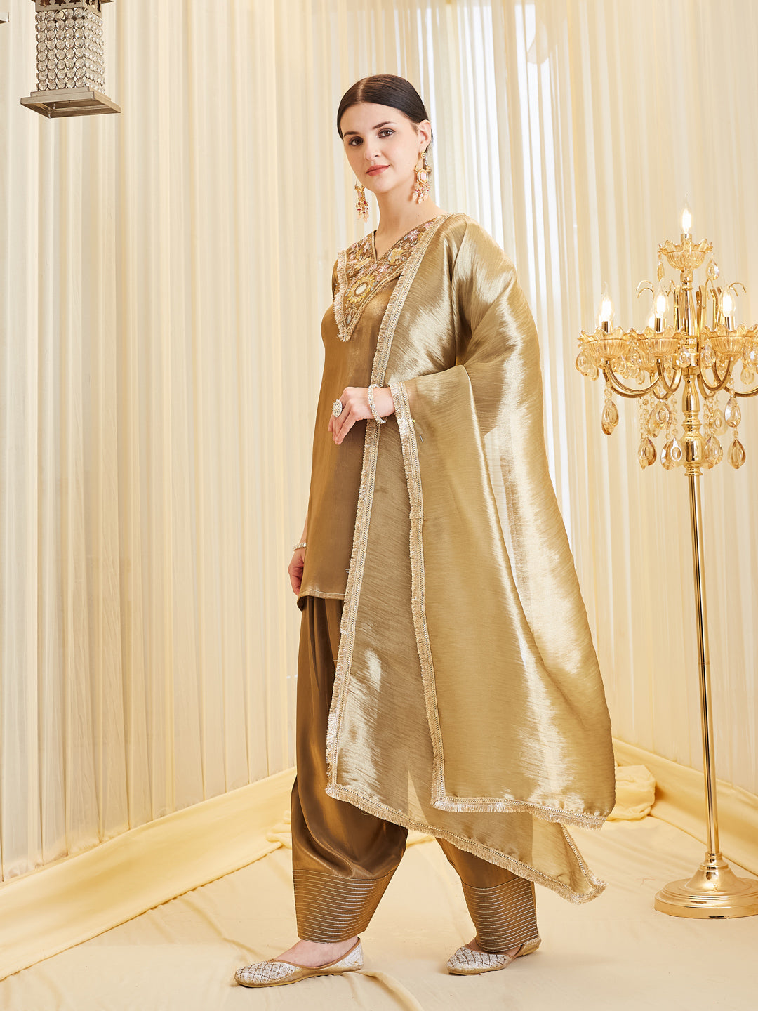 Brown Silk Embroidered Festive Kurta Palazzo Suit With Dupatta Set for women