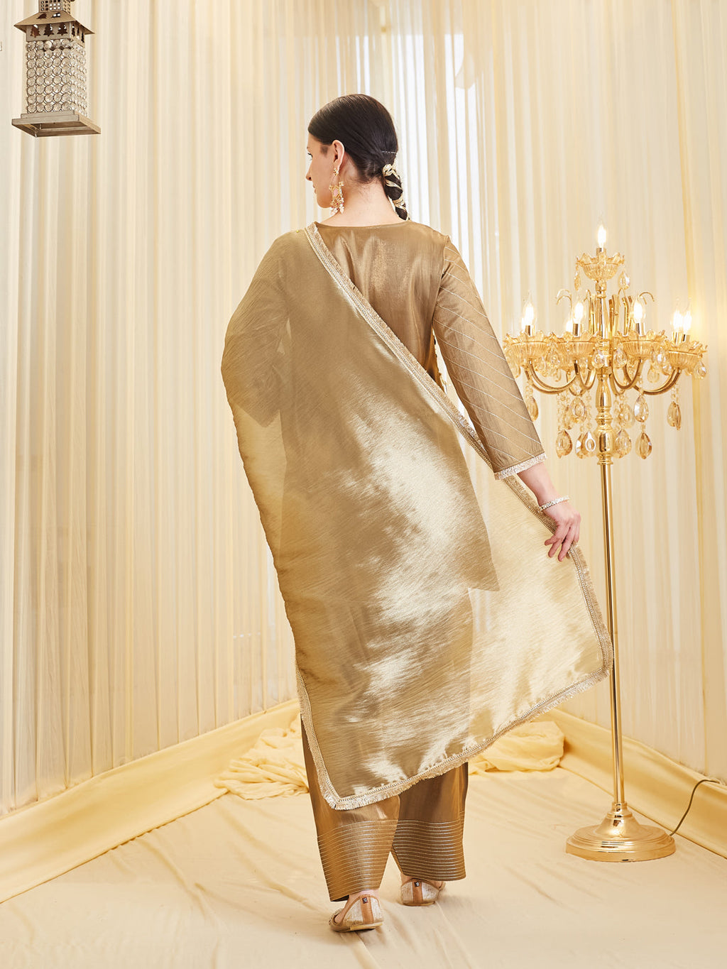 Brown Silk Embroidered Festive Kurta Palazzo Suit With Dupatta Set for women