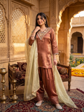 Trendy Maroon Silk Embroidered Farshi Set With Dupatta Set For Women