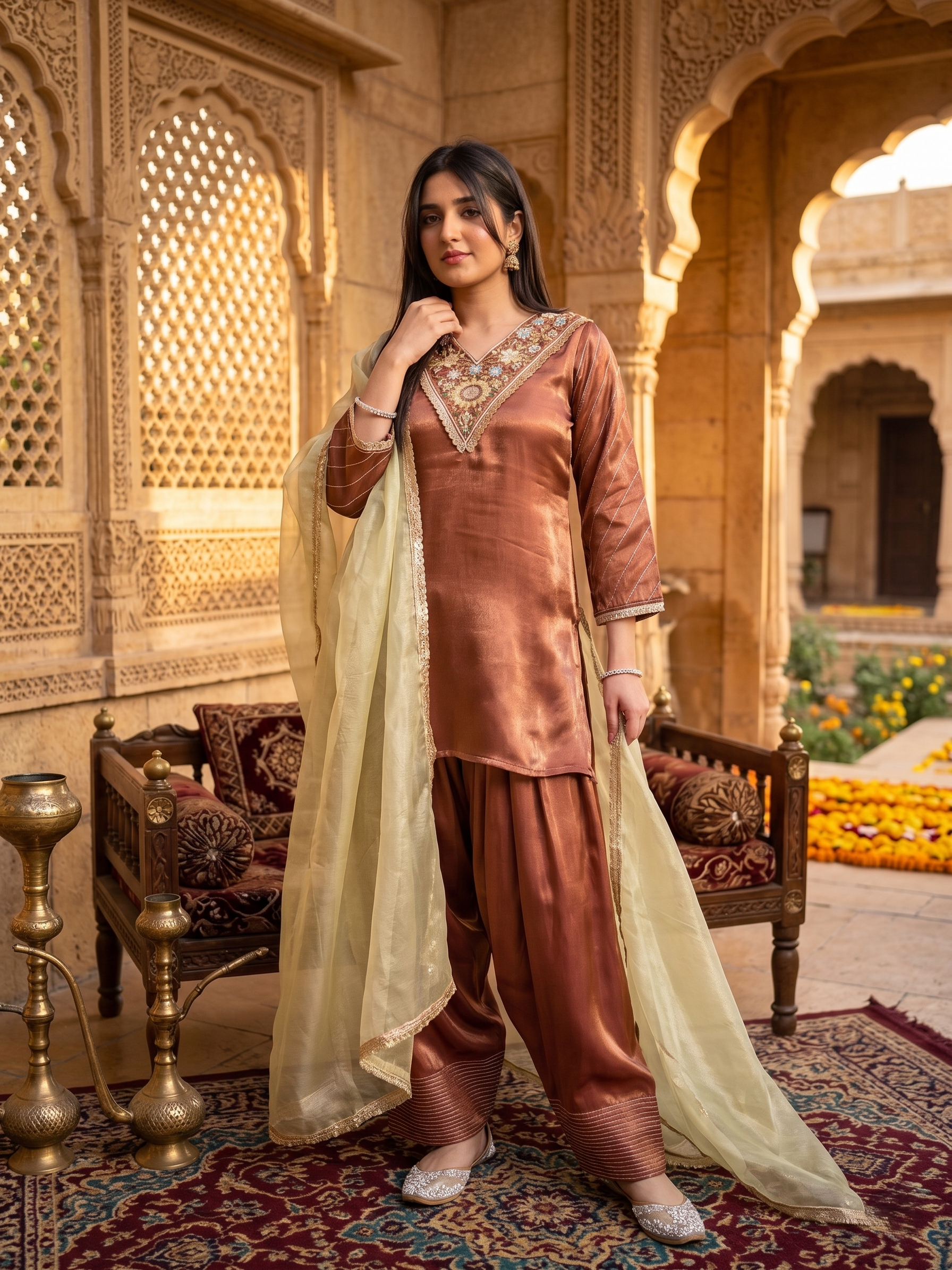 Trendy Maroon Silk Embroidered Farshi Set With Dupatta Set For Women