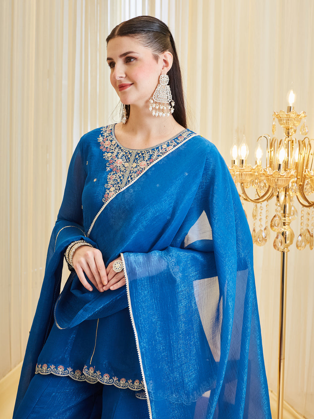 Royal Blue Silk Embroidered Palazzo Suit Set with Dupatta for Women
