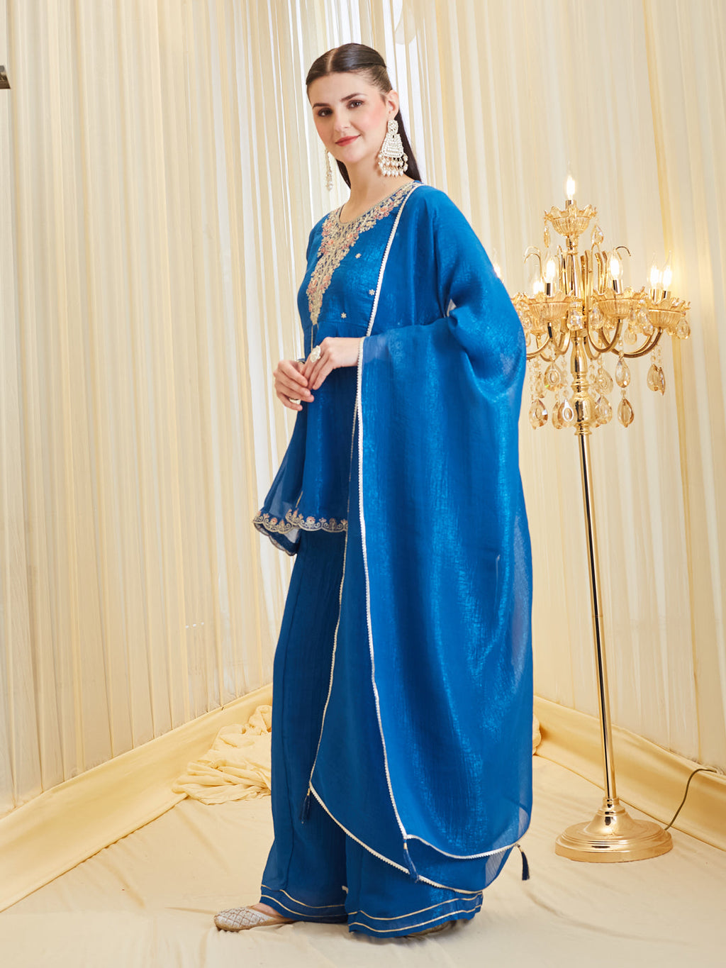 Royal Blue Silk Embroidered Palazzo Suit Set with Dupatta for Women