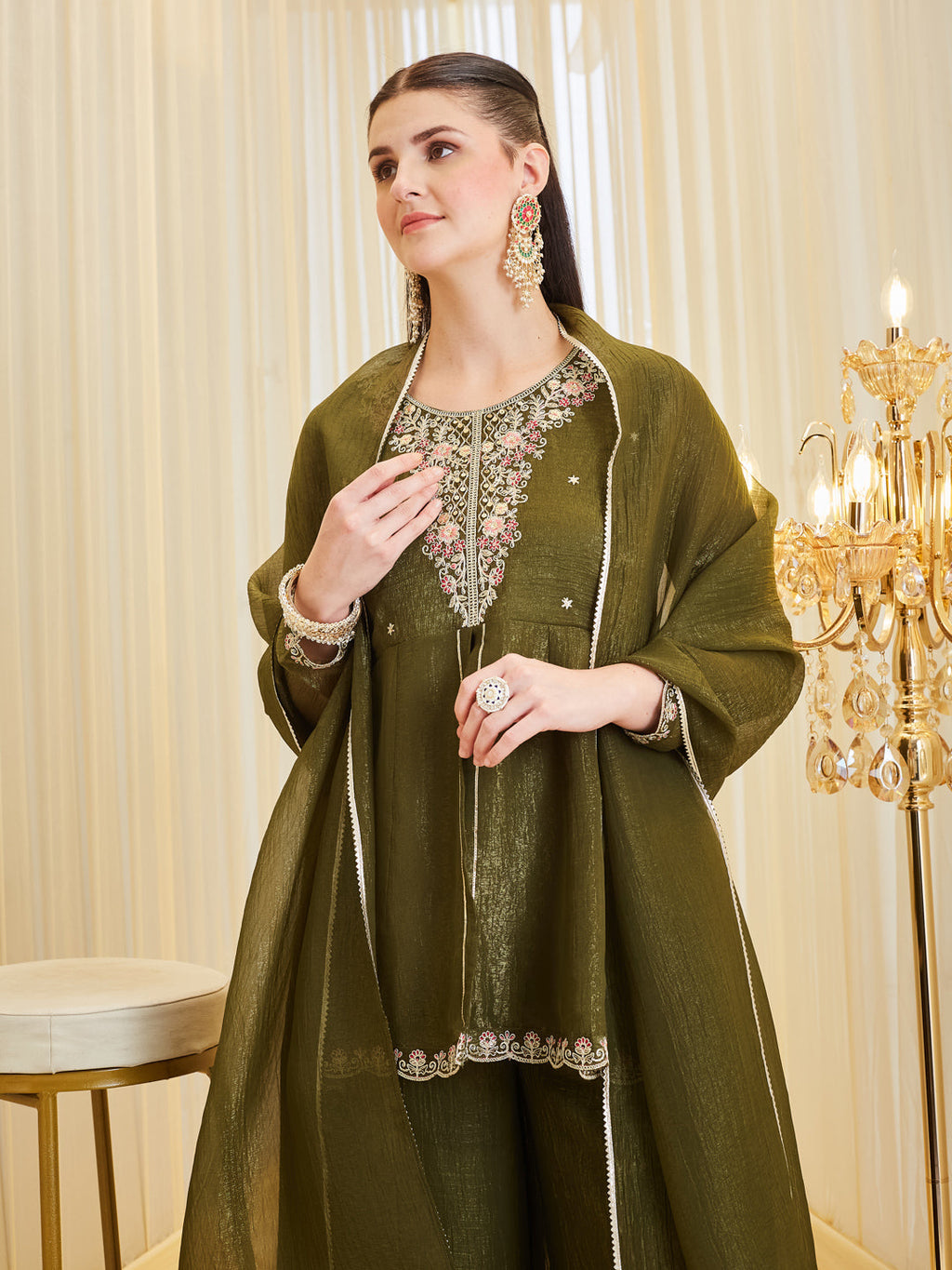 Trendy Green Silk Embroidered Kurta Palazzo Set With Dupatta For Women