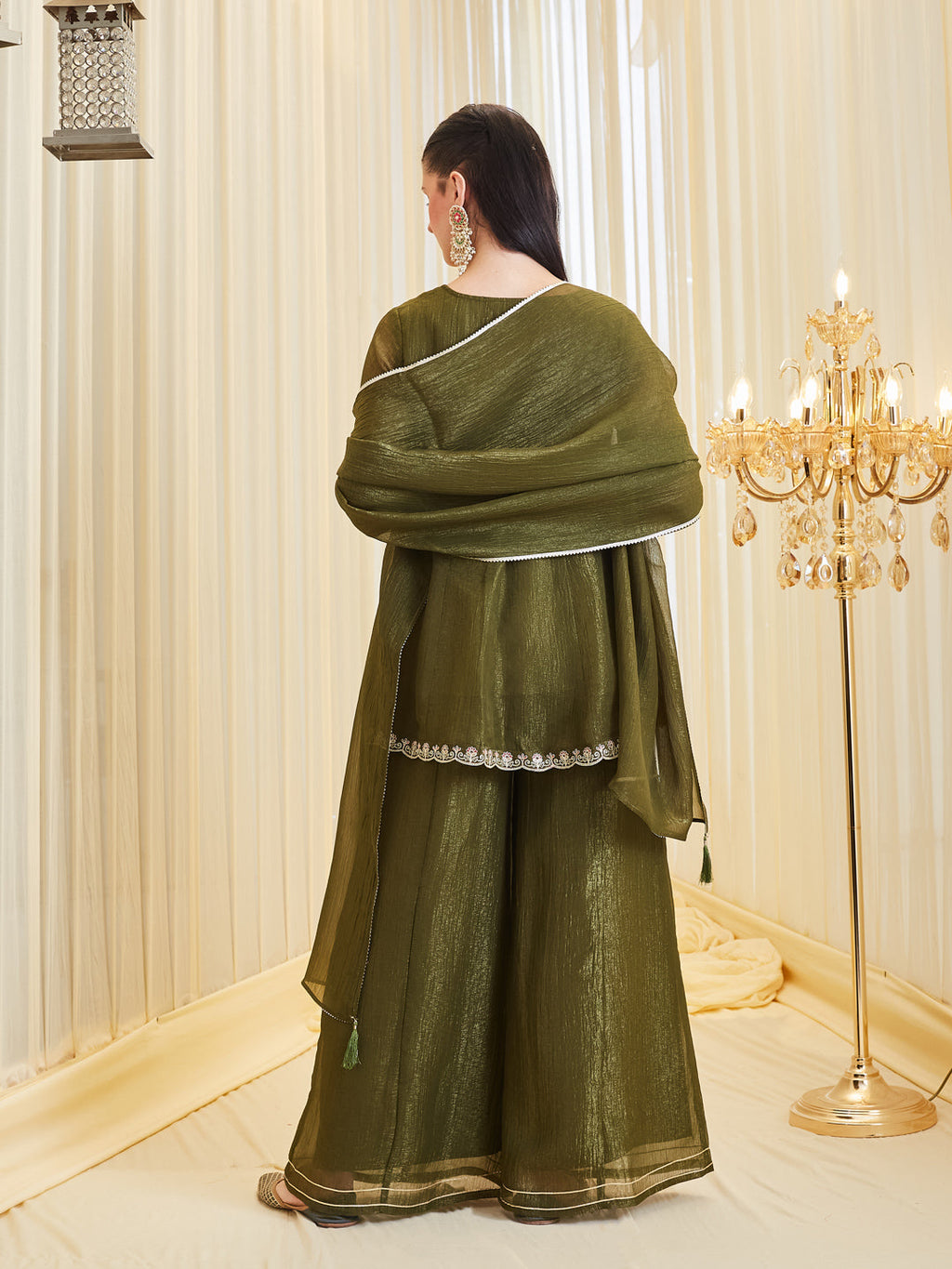 Trendy Green Silk Embroidered Kurta Palazzo Set With Dupatta For Women