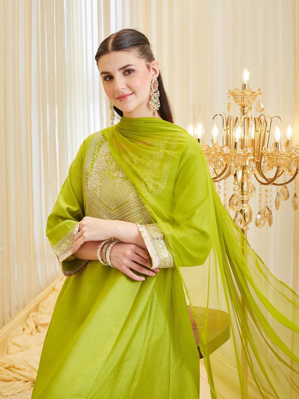Women’s Neon Embroidered Kurta Palazzo With Dupatta set