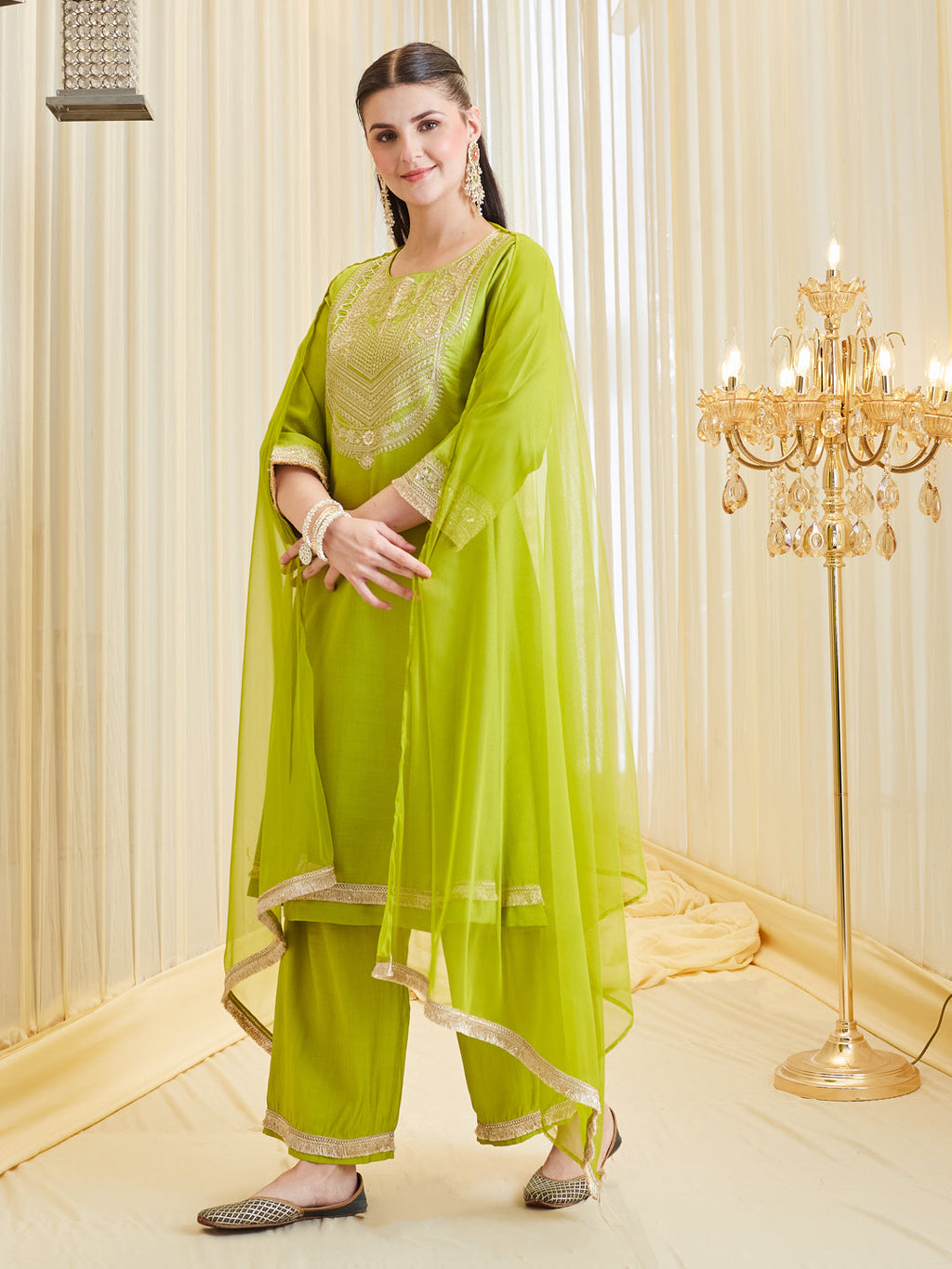Women’s Neon Embroidered Kurta Palazzo With Dupatta set