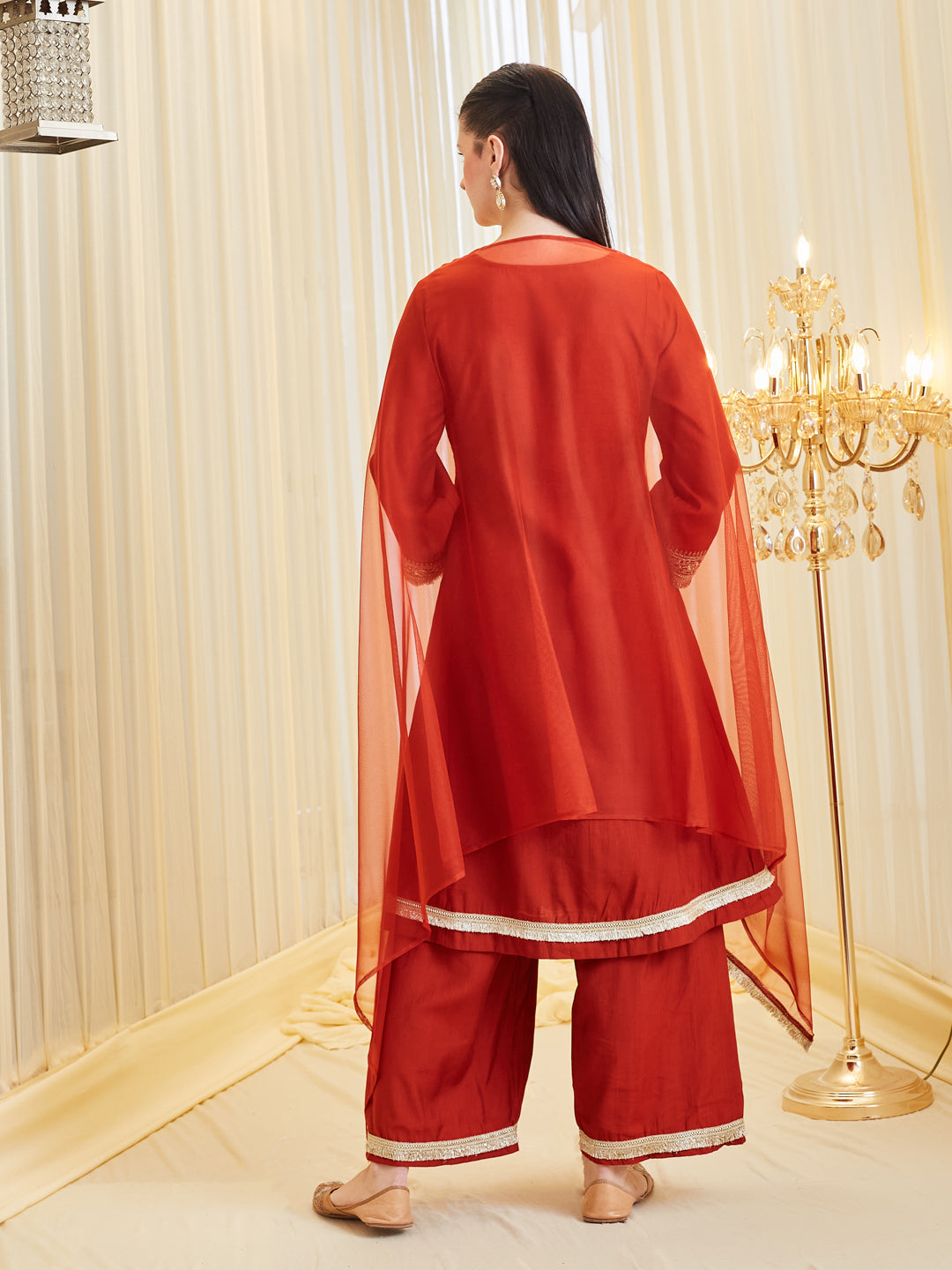 Rust Silk Embroidered Festive Anarkali Palazzo Set with Dupatta For Women