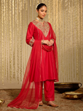 Traditional Rani Silk Embroidered Anarkali Suit Set With Dupatta For Women
