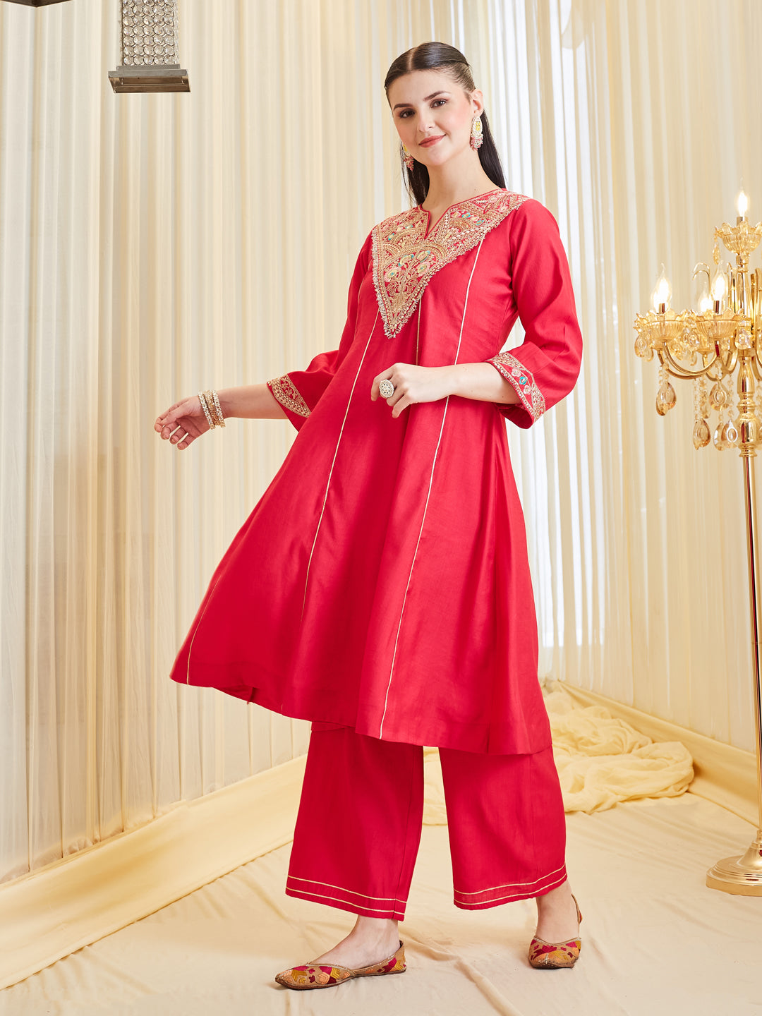 Traditional Rani Silk Embroidered Anarkali Suit Set With Dupatta For Women