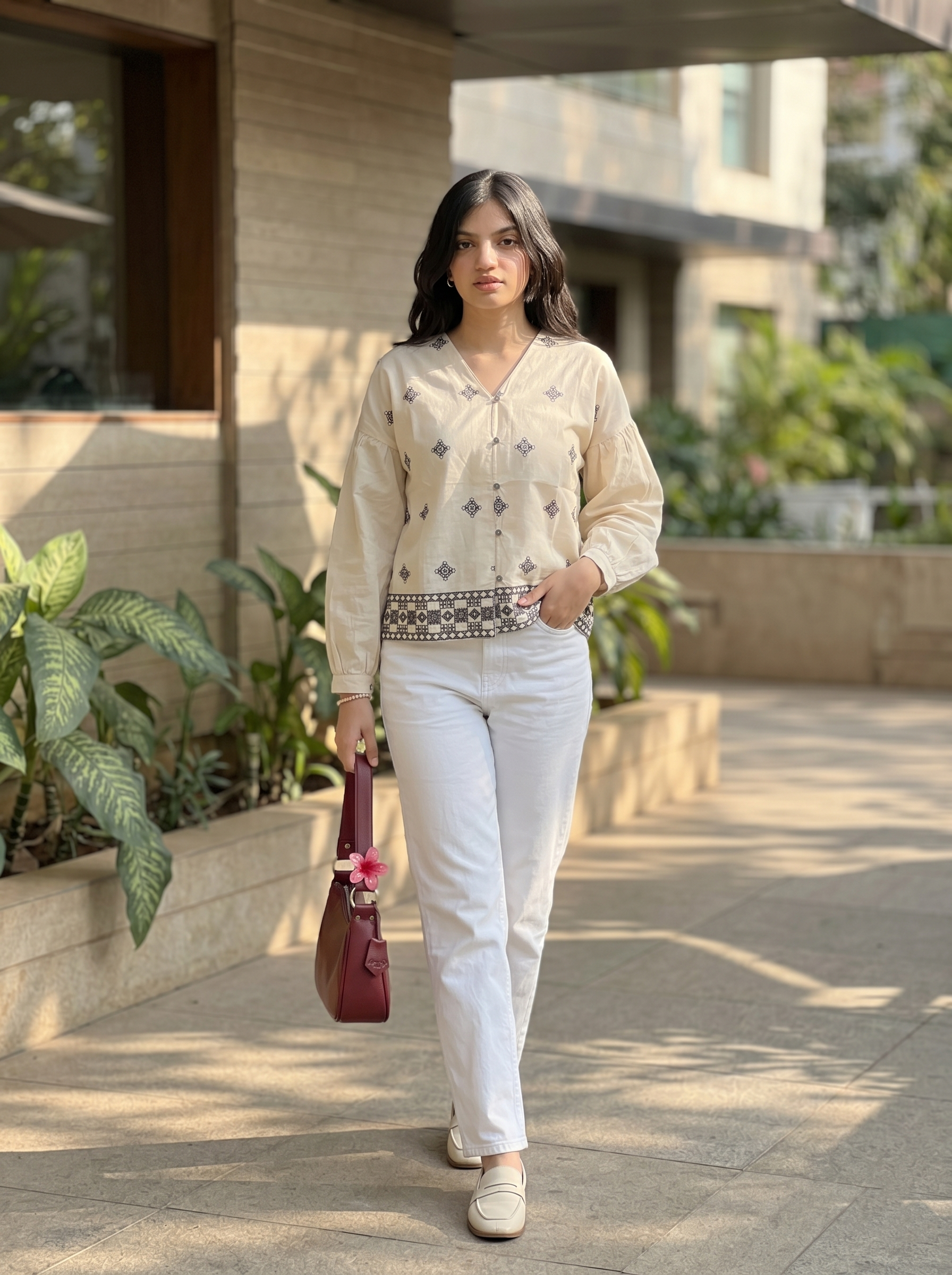 Women’s Cream Cotton Ivory Embroidered  Shirt