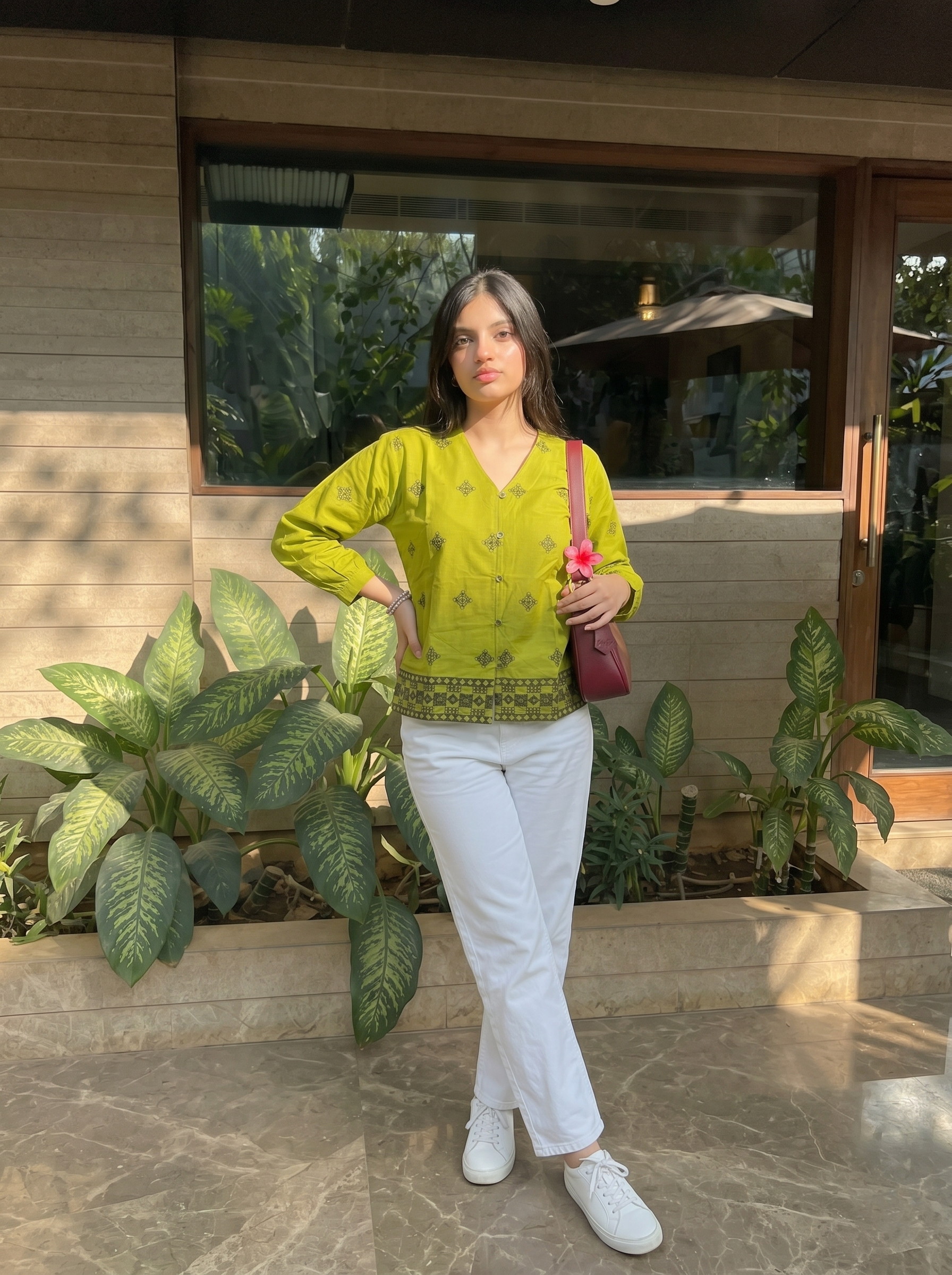 Green Cotton Ethnic Embroidered  Casual Shirt for Women