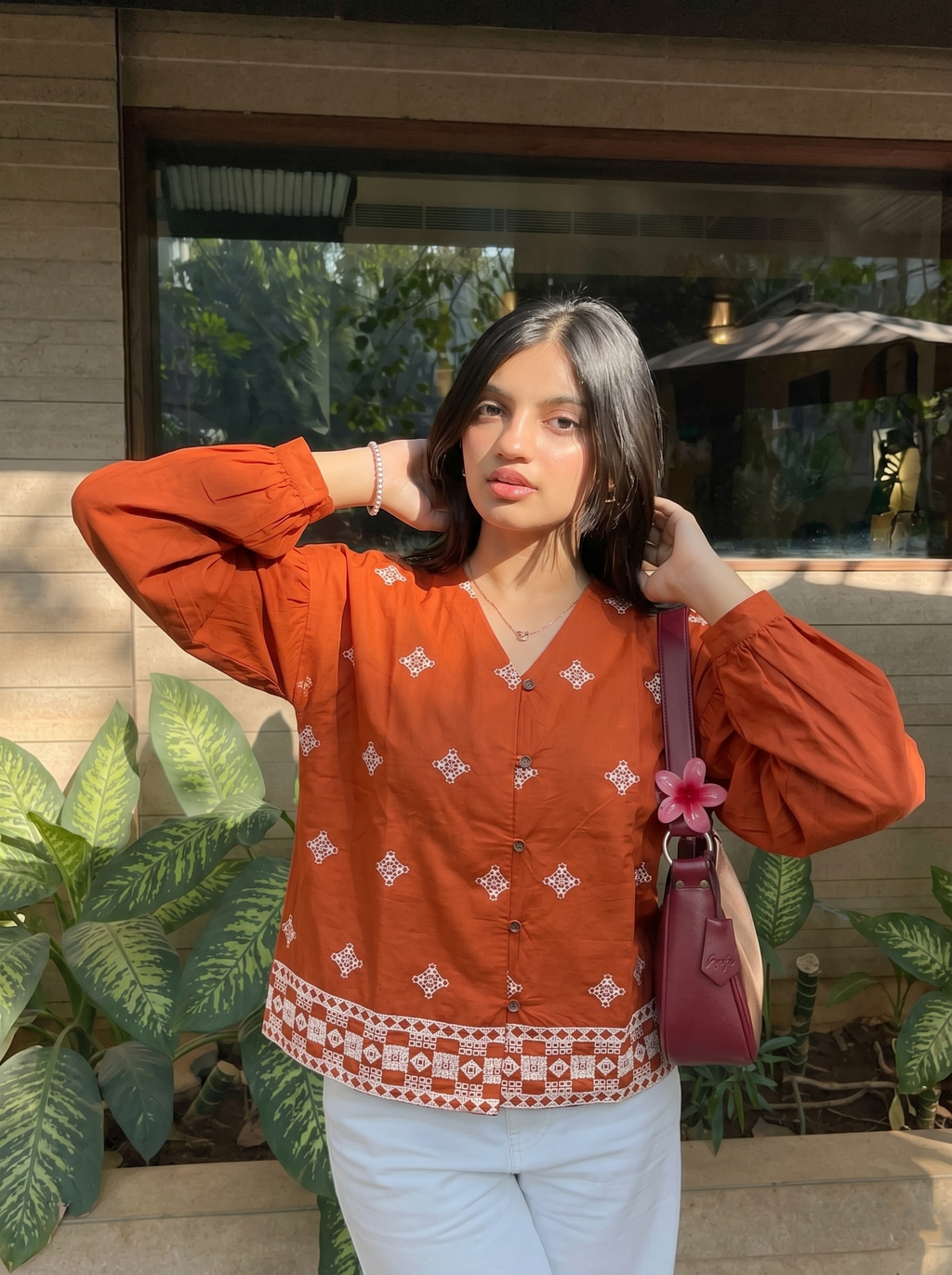 Orange Cotton Embroidered Everyday Wear Shirt For Women