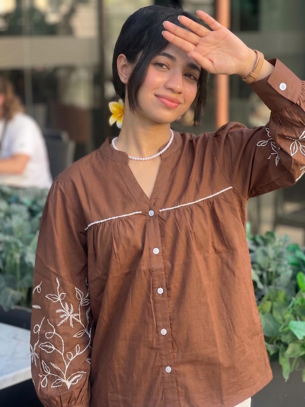Coffee Cotton Handwork Embroidered Casual Shirt for Women
