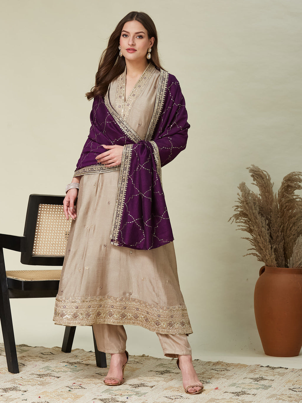 Grey Embroidered Silk Anarkali Kurta With Purple Dupatta Set