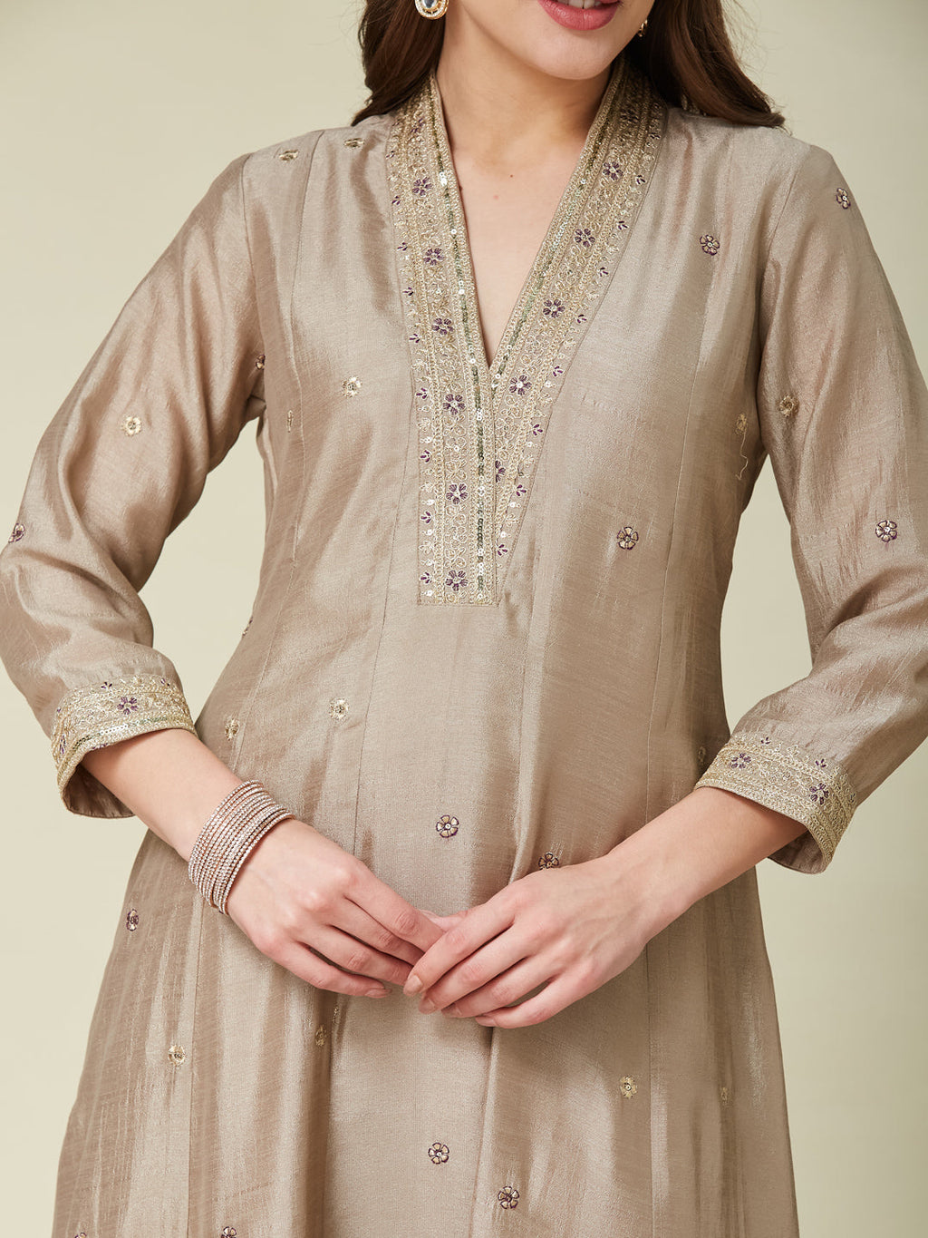 Grey Embroidered Silk Anarkali Kurta With Purple Dupatta Set