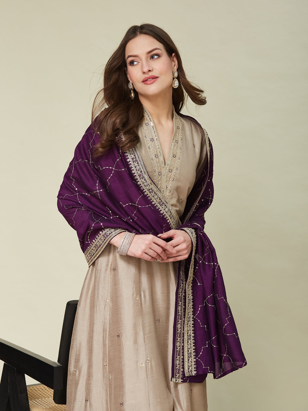 Grey Embroidered Silk Anarkali Kurta With Purple Dupatta Set