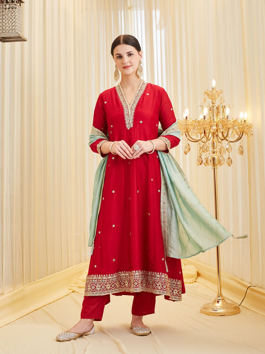 Red Embroidered Ethnic Silk Anarkali Set with Dupatta for Women