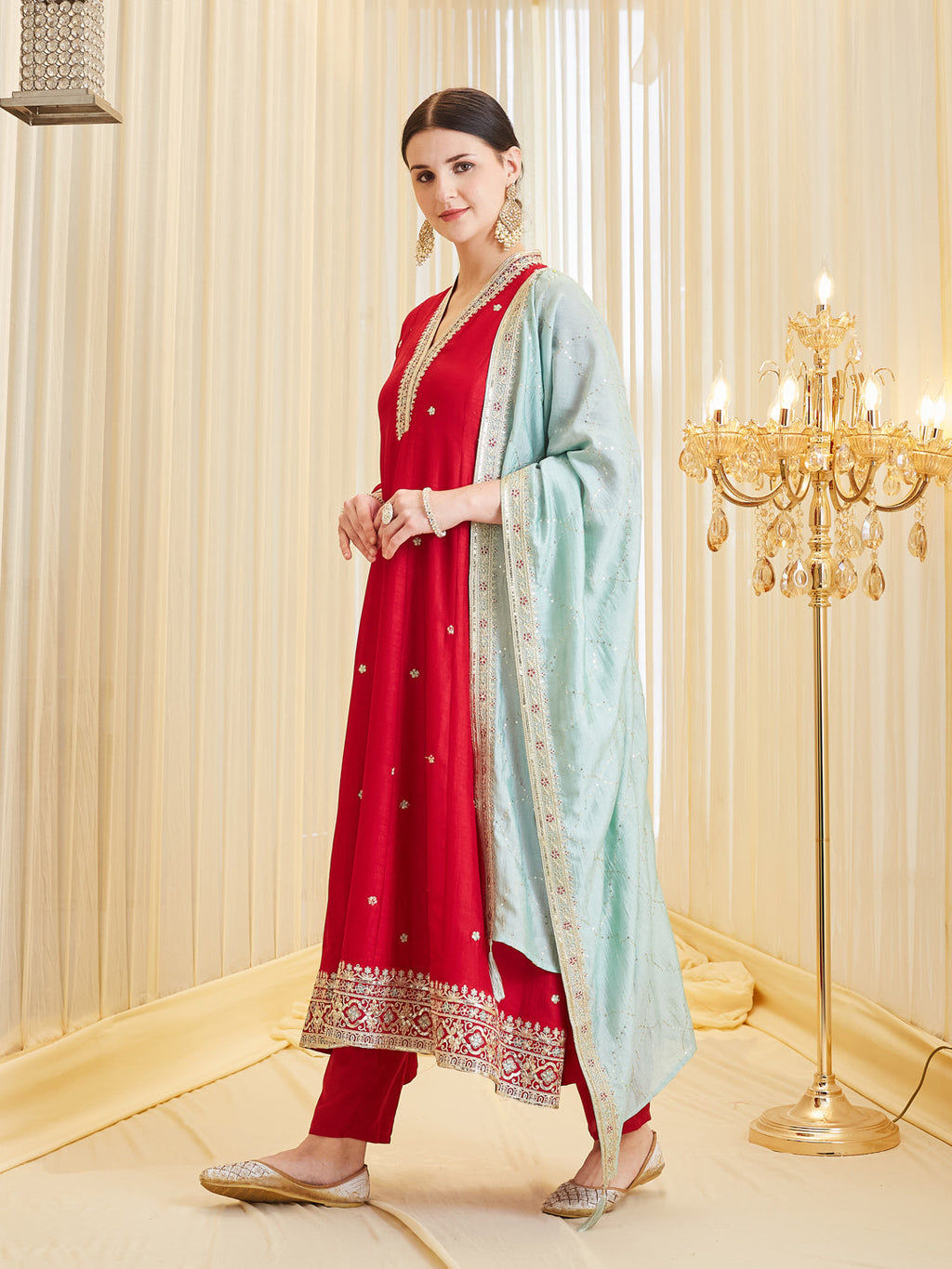Red Embroidered Ethnic Silk Anarkali Set with Dupatta for Women
