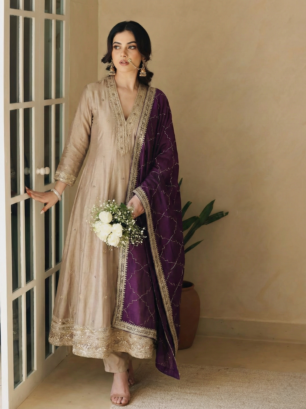 Grey Embroidered Silk Anarkali Kurta With Purple Dupatta Set