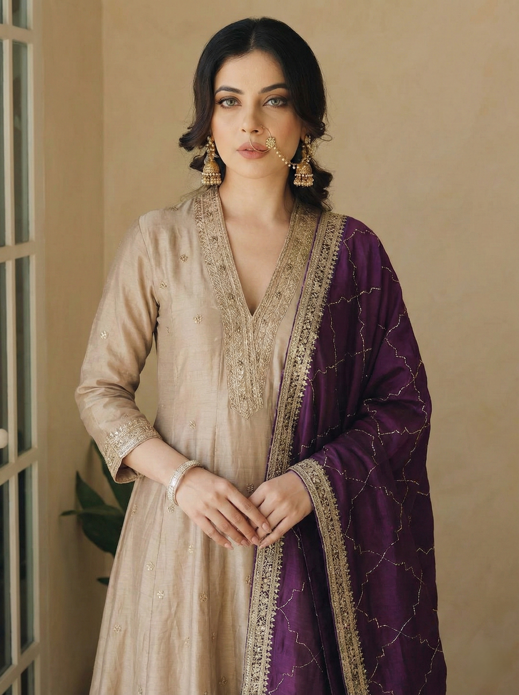 Grey Embroidered Silk Anarkali Kurta With Purple Dupatta Set