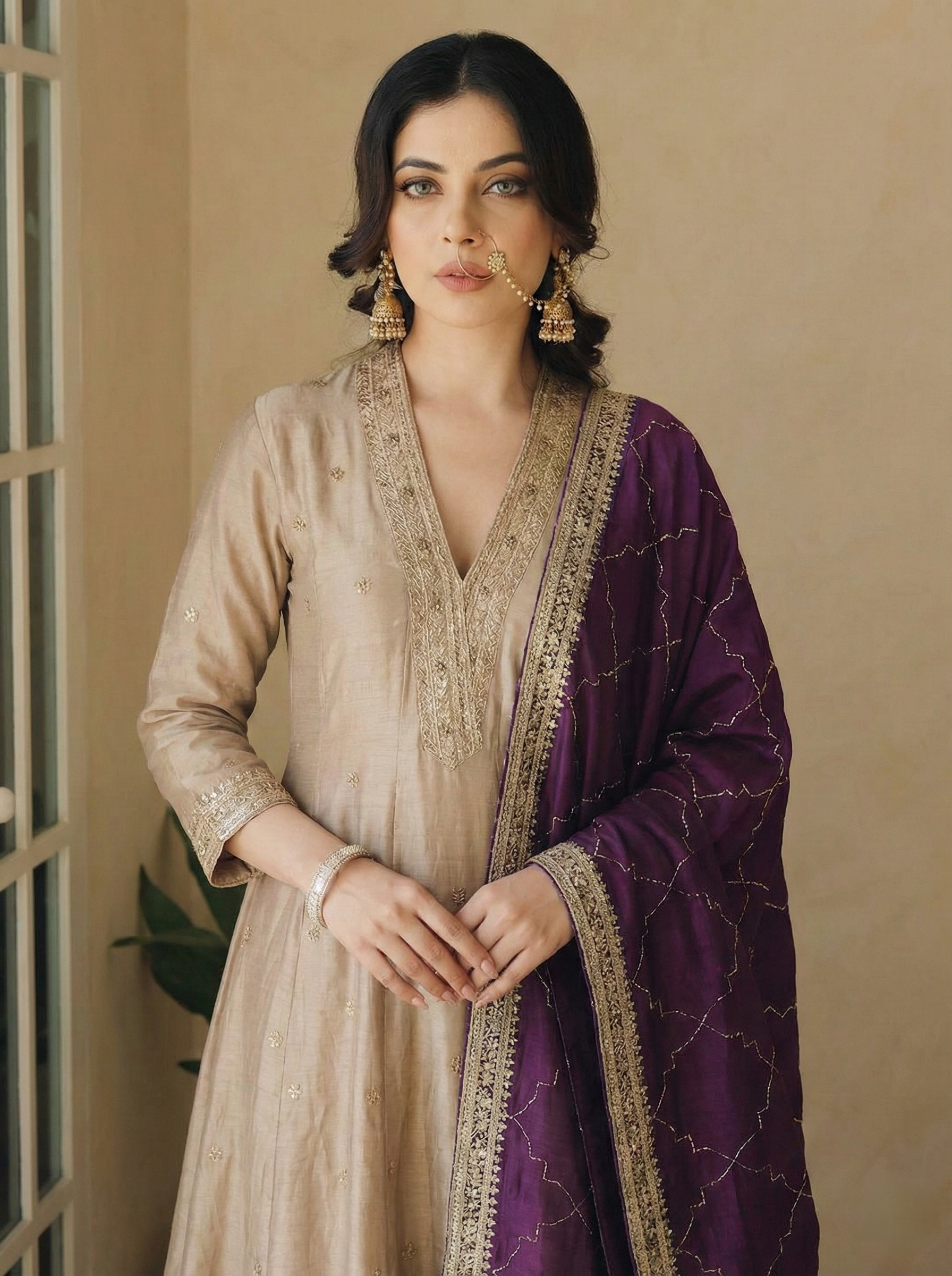 Grey Embroidered Silk Anarkali Kurta With Purple Dupatta Set