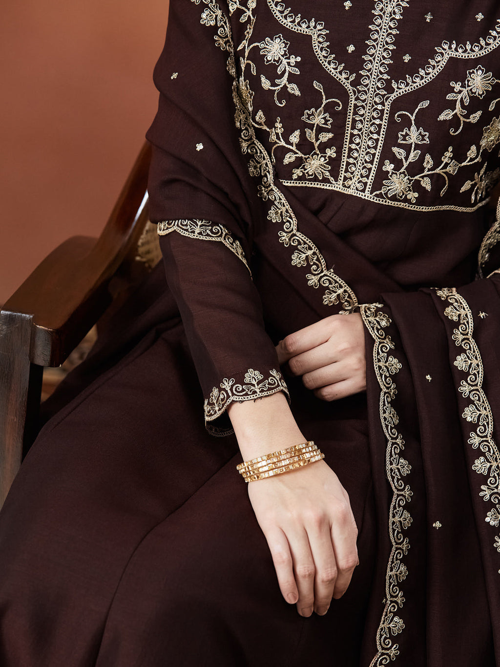 Coffee Embroidered Silk Anarkali kurta with Dupatta Set