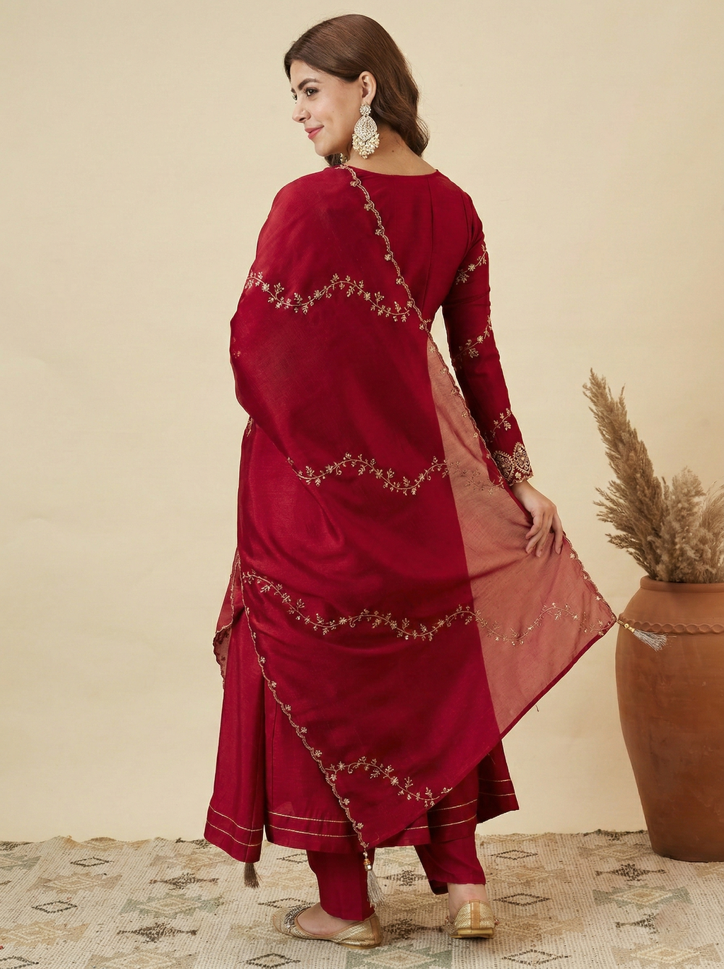 Red Silk Embroidered Anarkali Kurta with Dupatta Set