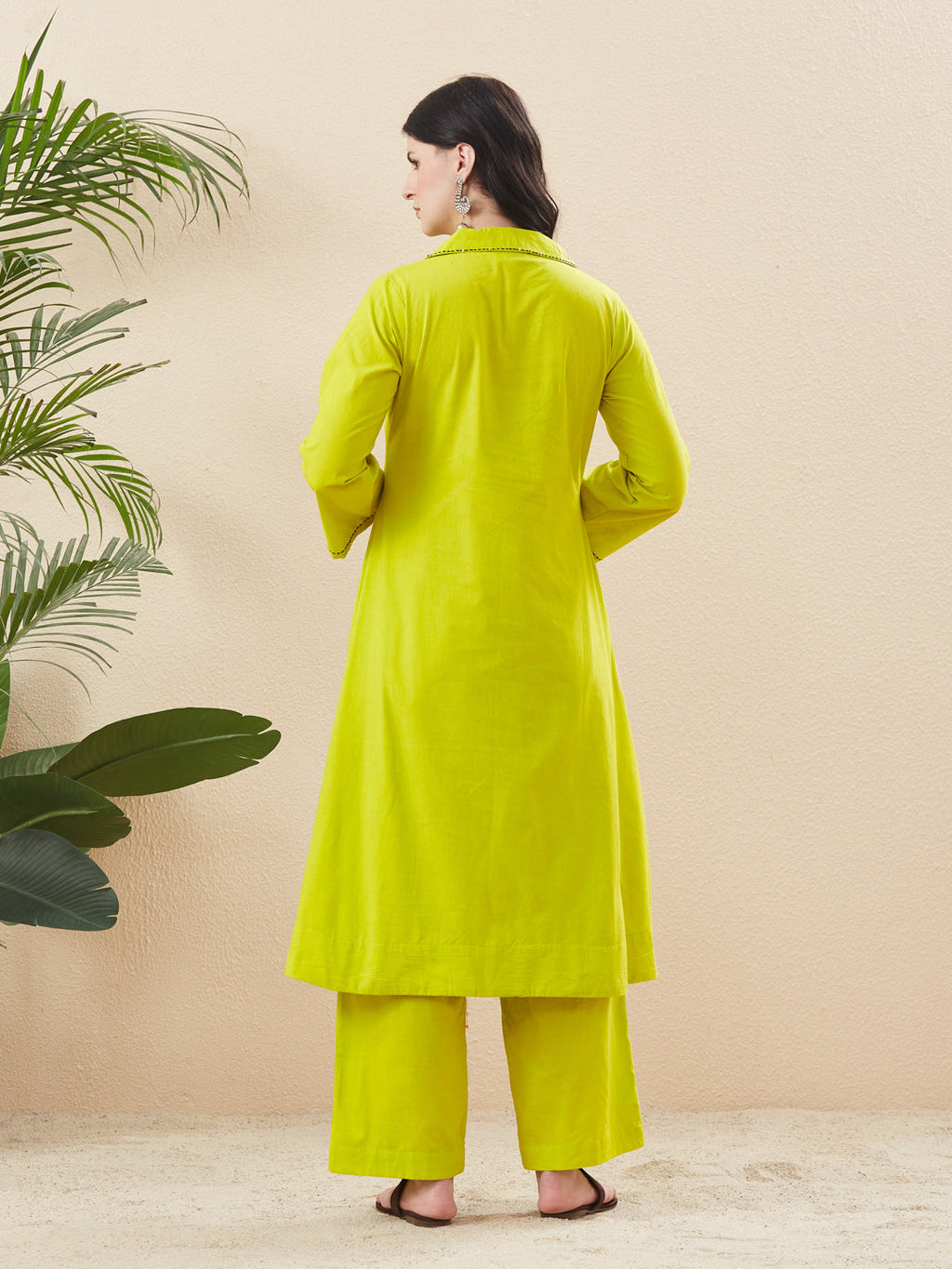 Neon Cotton Solid Handwork Kurta Set with Relaxed Fit Pants For Women