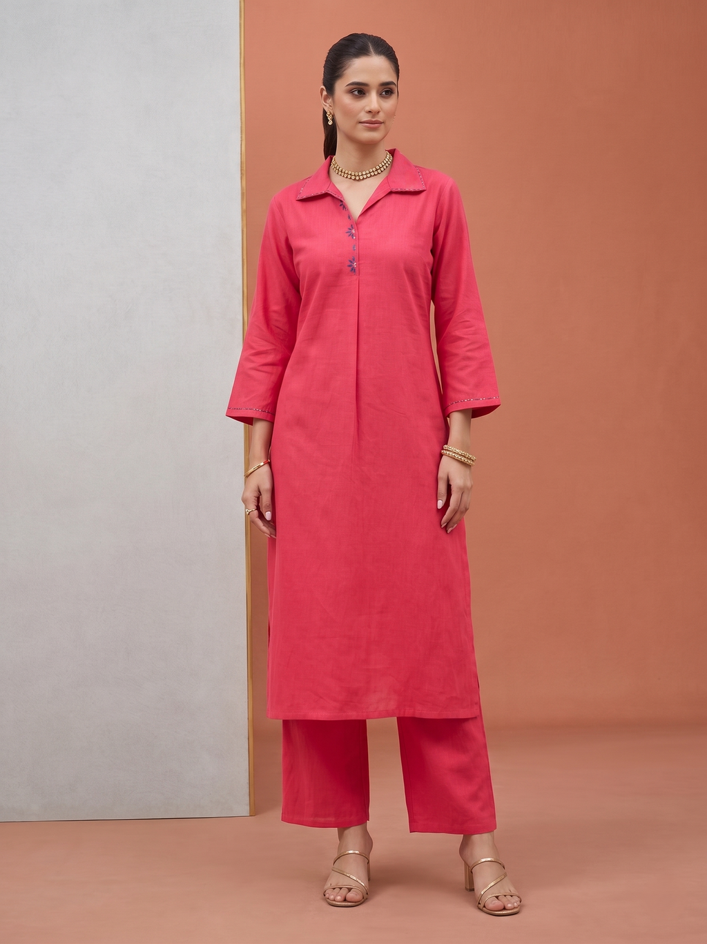 Women’s Hot Pink Cotton Handwork Solid Straight Kurta Pant Co-Ord Set