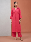 Women’s Hot Pink Cotton Handwork Solid Straight Kurta Pant Co-Ord Set