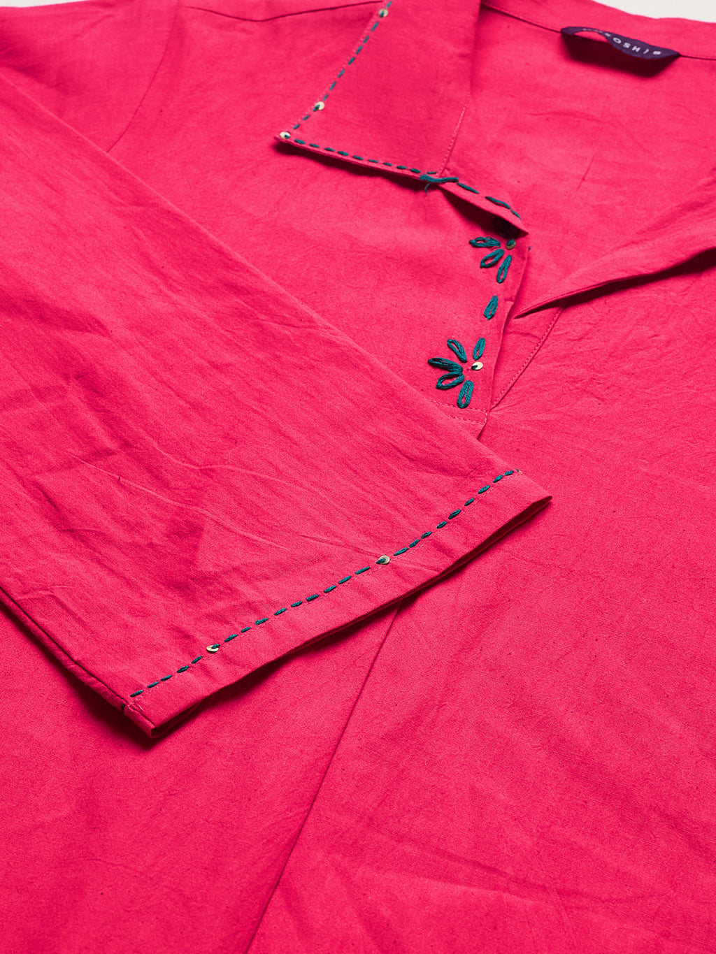 Women’s Hot Pink Cotton Handwork Solid Straight Kurta Pant Co-Ord Set