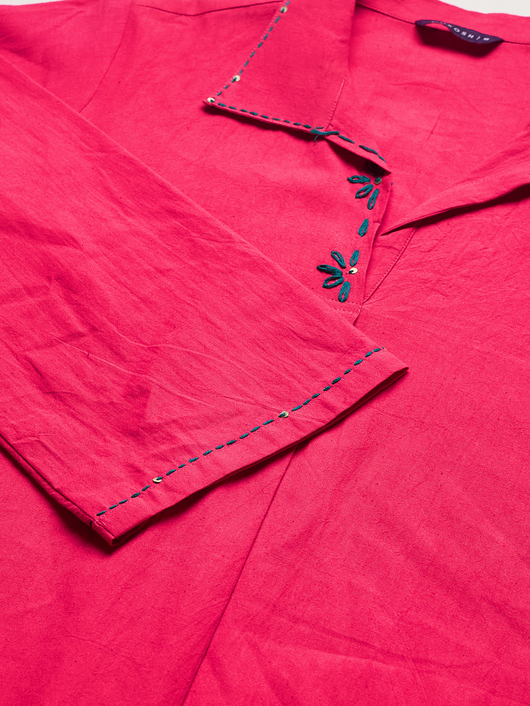 Women’s Hot Pink Cotton Handwork Solid Straight Kurta Pant Co-Ord Set