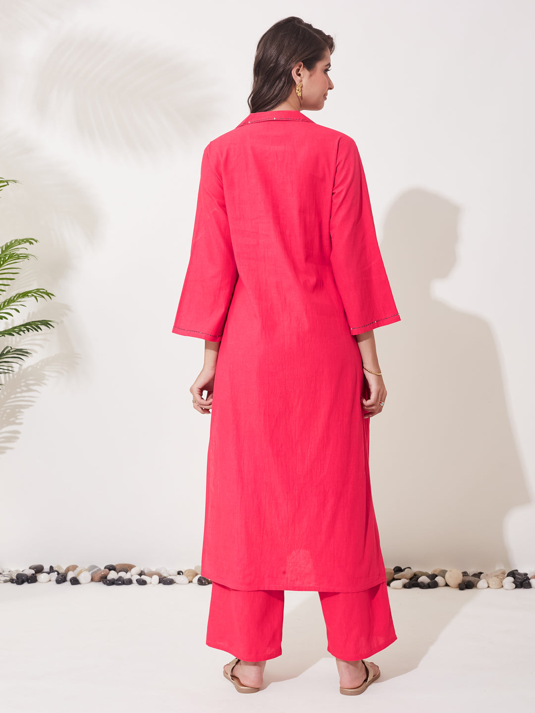 Women’s Hot Pink Cotton Handwork Solid Straight Kurta Pant Co-Ord Set
